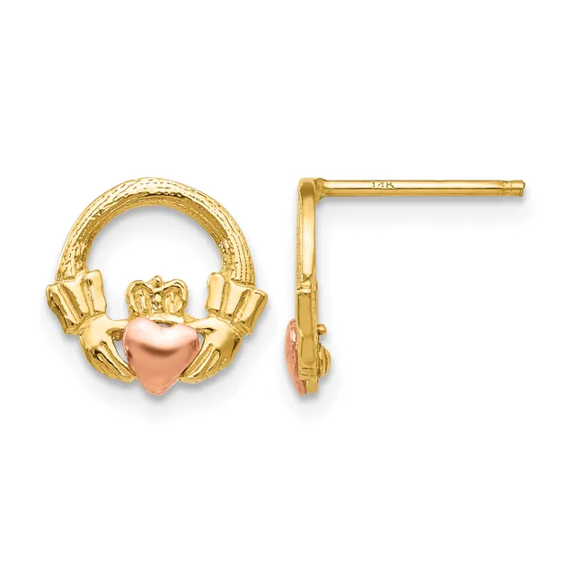 Two-tone gold Claddagh stud earrings with rose gold hearts, shown from front and side view on white background.