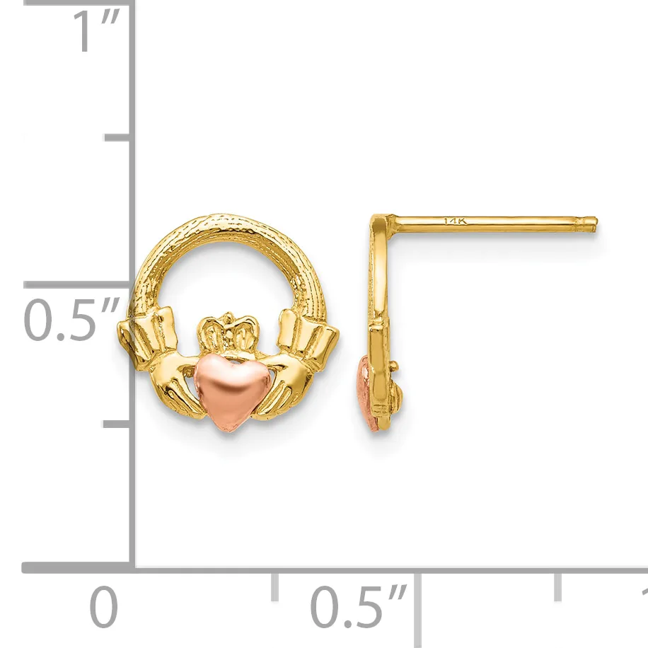 Two-tone gold Claddagh stud earrings with rose gold hearts, displayed next to a ruler showing approximately half-inch height.