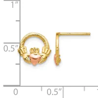 Two-tone gold Claddagh stud earrings with rose gold hearts, displayed next to a ruler showing approximately half-inch height.