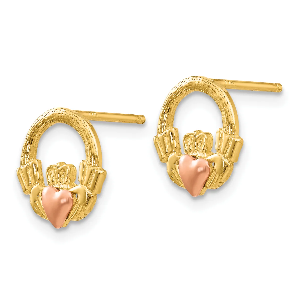 Pair of gold stud earrings with textured oval loops and rose gold heart charms held by decorative claddagh-style hands.