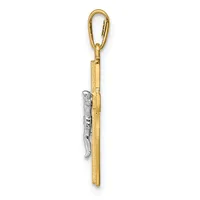 A gold rectangular pendant with a small silver-toned branch or twig charm attached to its side, suspended from a gold lobster clasp.