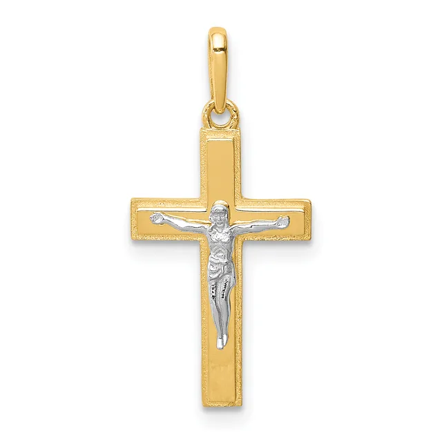 A two-tone gold cross pendant with a polished gold frame and a silver-toned crucifix figure in the center, suspended from a gold bail.