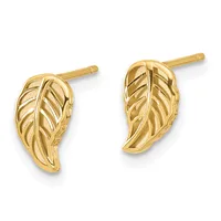 A pair of gold leaf-shaped stud earrings with detailed vein texturing, shown from the front against a white background.