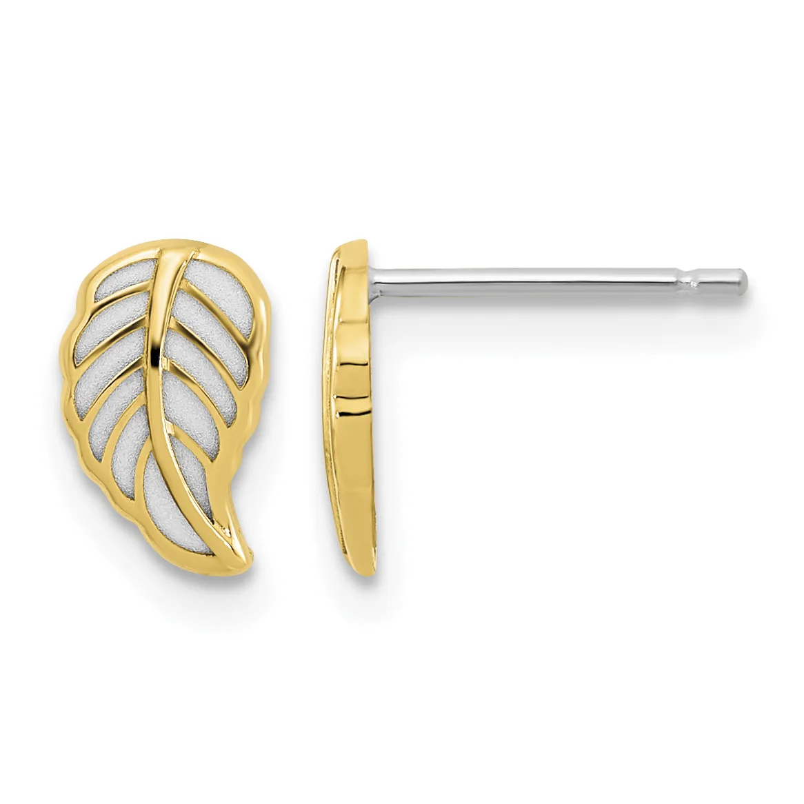A pair of gold leaf-shaped stud earrings with white enamel fill and textured veining detail, shown from front and side views on silver posts.