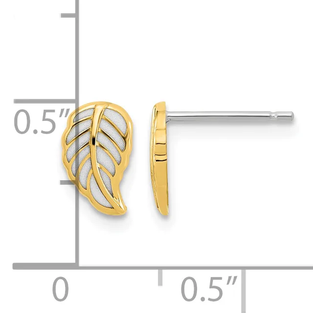Gold leaf-shaped stud earrings with rhodium-plated silver accents, shown front and side view with measurement scale indicating approximately 0.5 inch height.