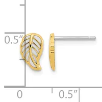 Gold leaf-shaped stud earrings with rhodium-plated silver accents, shown front and side view with measurement scale indicating approximately 0.5 inch height.