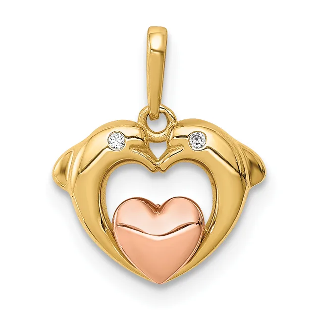 Gold pendant featuring two nested hearts with cubic zirconia accent stones, the outer heart in yellow gold and inner heart in rose gold, suspended from a bail.