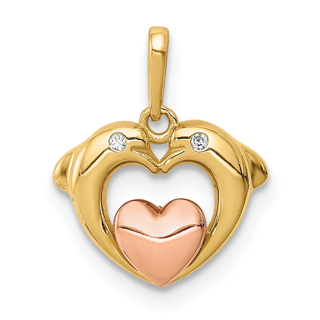 Gold pendant featuring two nested hearts with cubic zirconia accent stones, the outer heart in yellow gold and inner heart in rose gold, suspended from a bail.