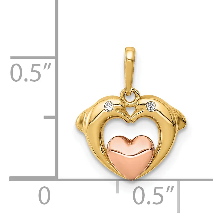 Gold-toned heart pendant with rose gold center heart and two small diamonds, shown next to a measurement scale indicating approximately 0.5 inches in width and height.