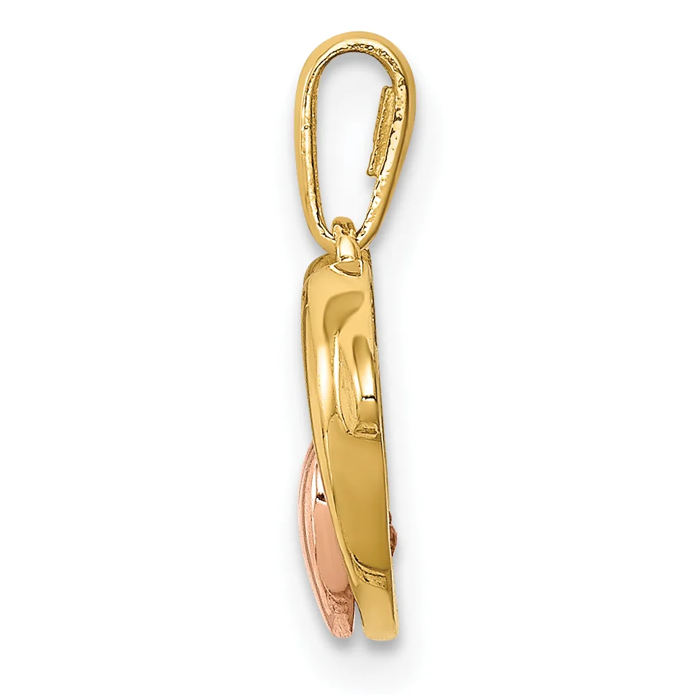 Gold-toned metal charm pendant with a carabiner clip at the top and rose gold-toned accents on the side, shown against a white background.