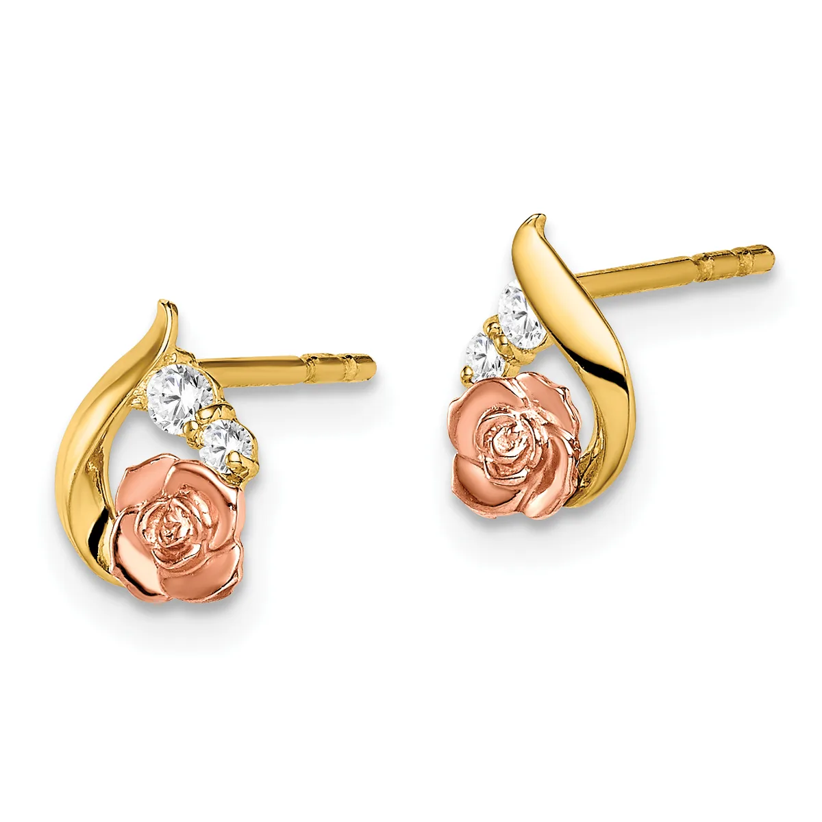Pair of gold stud earrings with rose-shaped copper accents and round white crystal stones, displayed side by side against a white background.