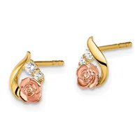 Pair of gold stud earrings with rose-shaped copper accents and round white crystal stones, displayed side by side against a white background.