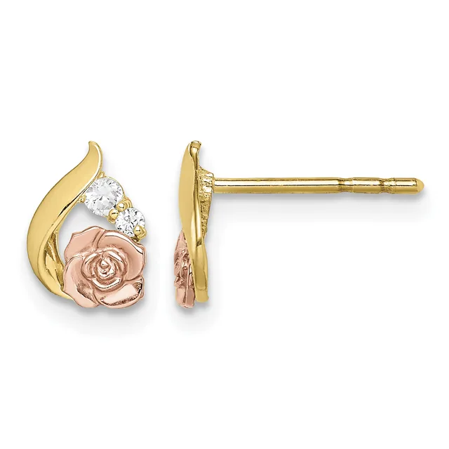 Pair of gold stud earrings with rose flower designs in rose gold, gold curved leaf accents, and round white gemstones, shown from front and side views.