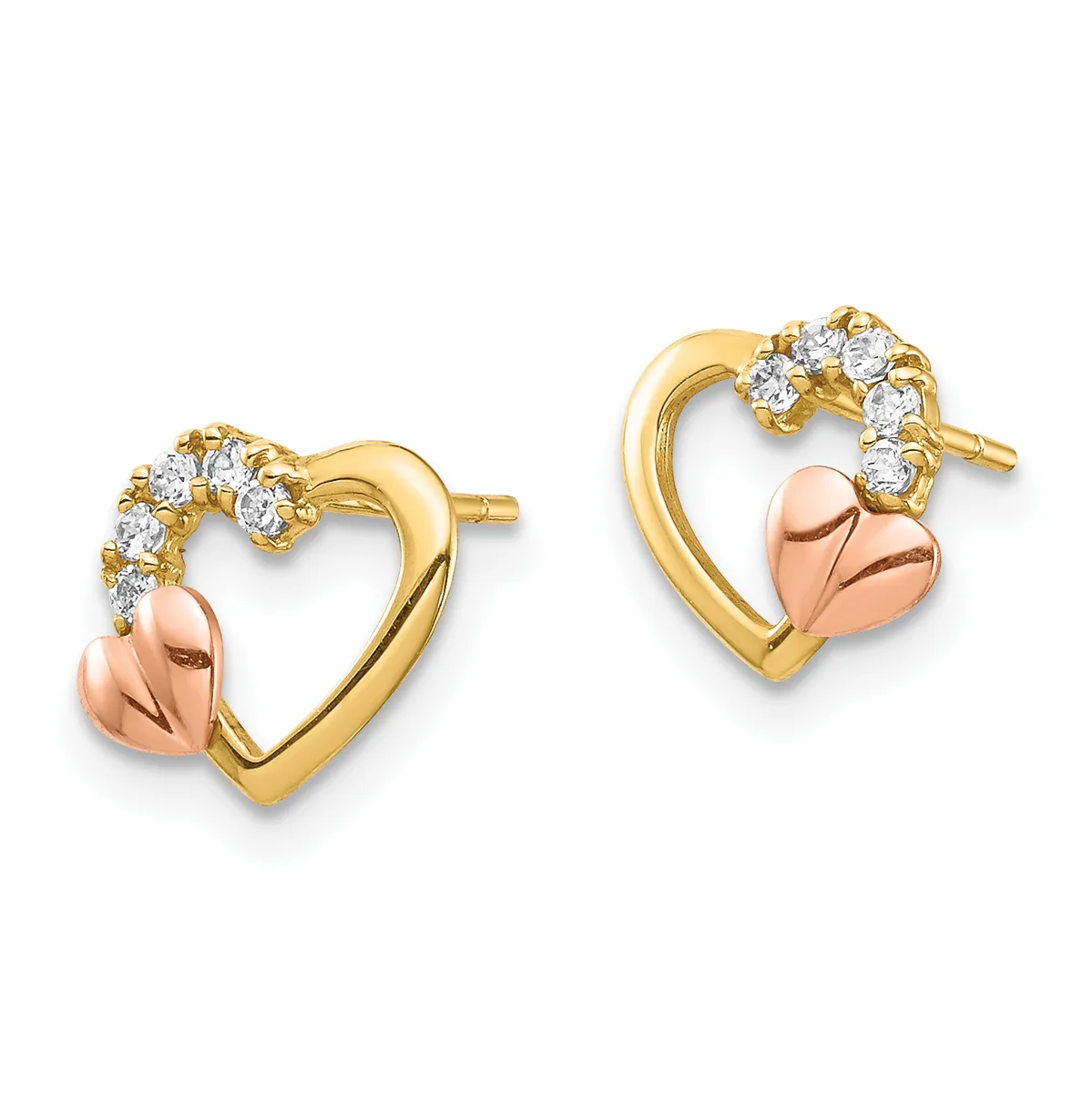 A pair of gold heart-shaped stud earrings with a rose gold polished heart charm suspended below and cubic zirconia stones arranged along the top curved edge.
