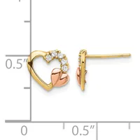 Pair of two-tone heart-shaped stud earrings with yellow gold outline, rose gold detail, and diamond accents along the top curve, shown next to a measurement scale.