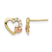 Pair of gold heart-shaped stud earrings with a rose gold smaller heart accent and diamond accents along the top, shown from front and side views.