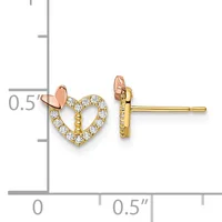 Gold heart stud earrings with diamond pavé setting and rose gold arrow accents, displayed against a measurement scale.