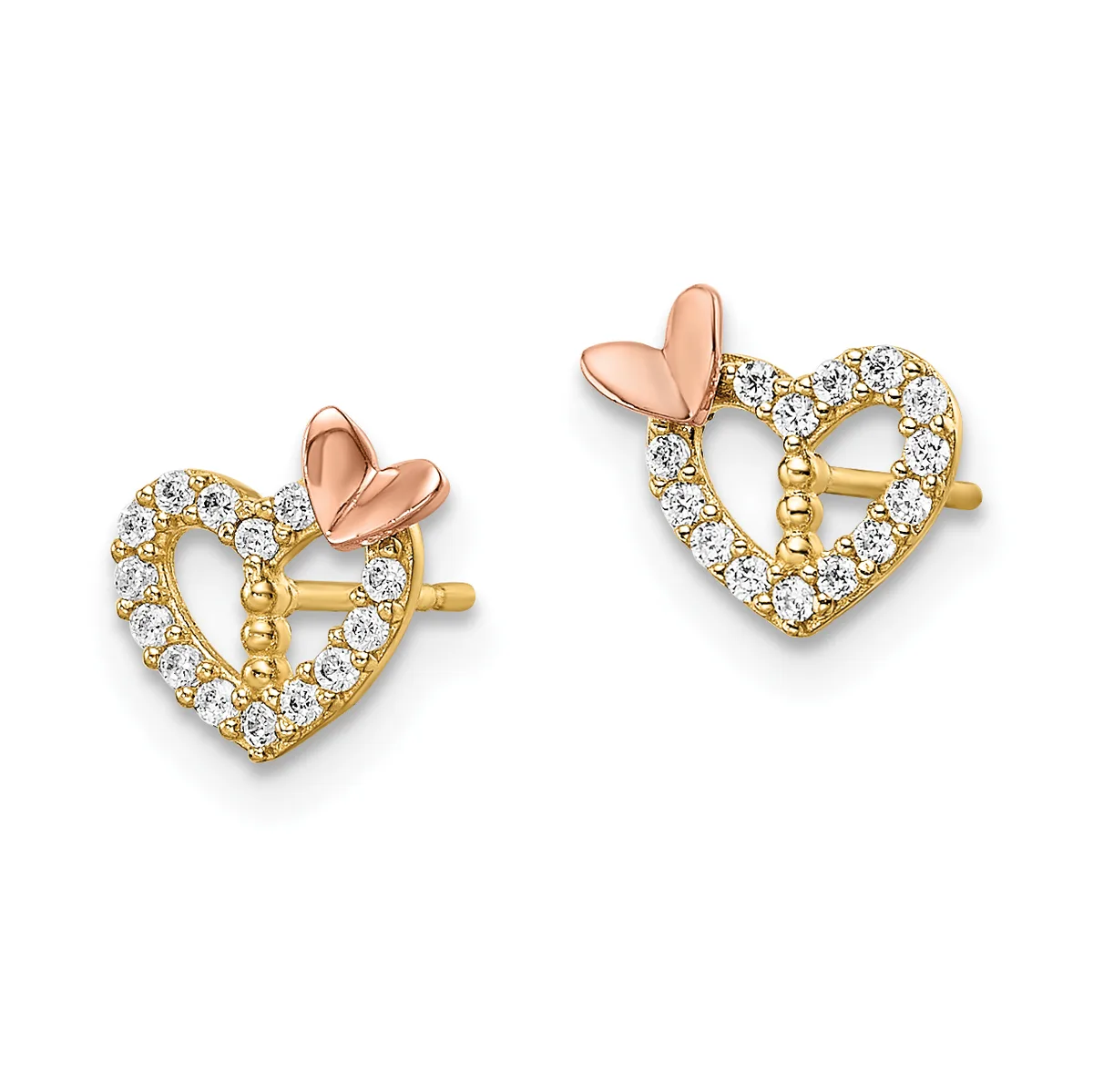 Pair of gold heart-shaped stud earrings with diamond pavé setting and rose gold bow details on posts.