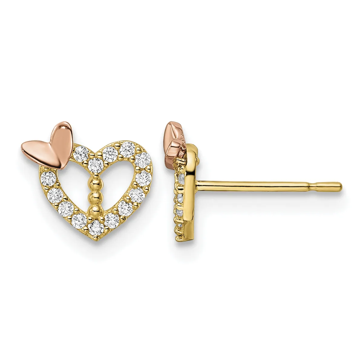 Pair of gold heart-shaped stud earrings with diamond pavé setting and rose gold leaf accent on top, shown from front and back views.
