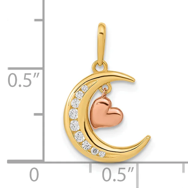 Gold crescent moon pendant with cubic zirconia stones and a rose gold heart charm, shown next to a measurement scale indicating approximately 0.5 inches in height.
