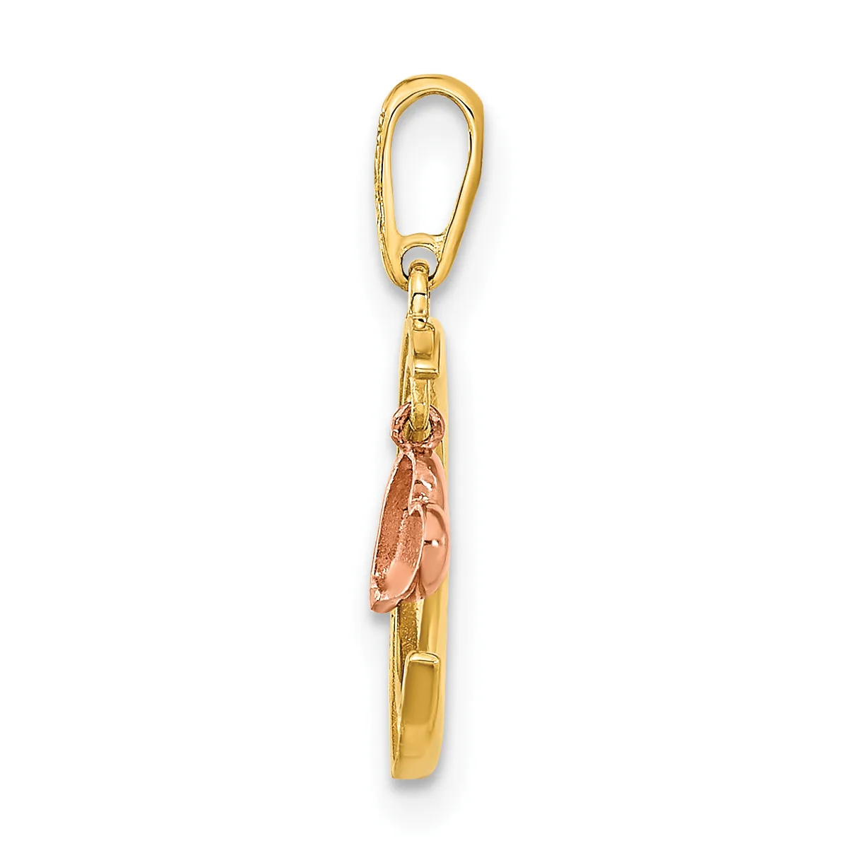 A gold keychain charm featuring a gold lobster clasp at the top connected to a cylindrical gold pendant with a rose gold lobster decoration attached to the side.