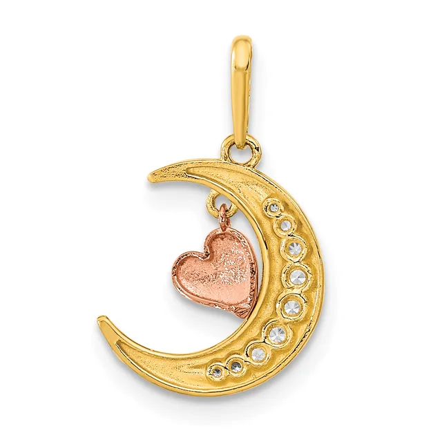 Gold crescent moon pendant with round clear crystal accents along the curved edge and a small rose gold heart charm suspended from the center.
