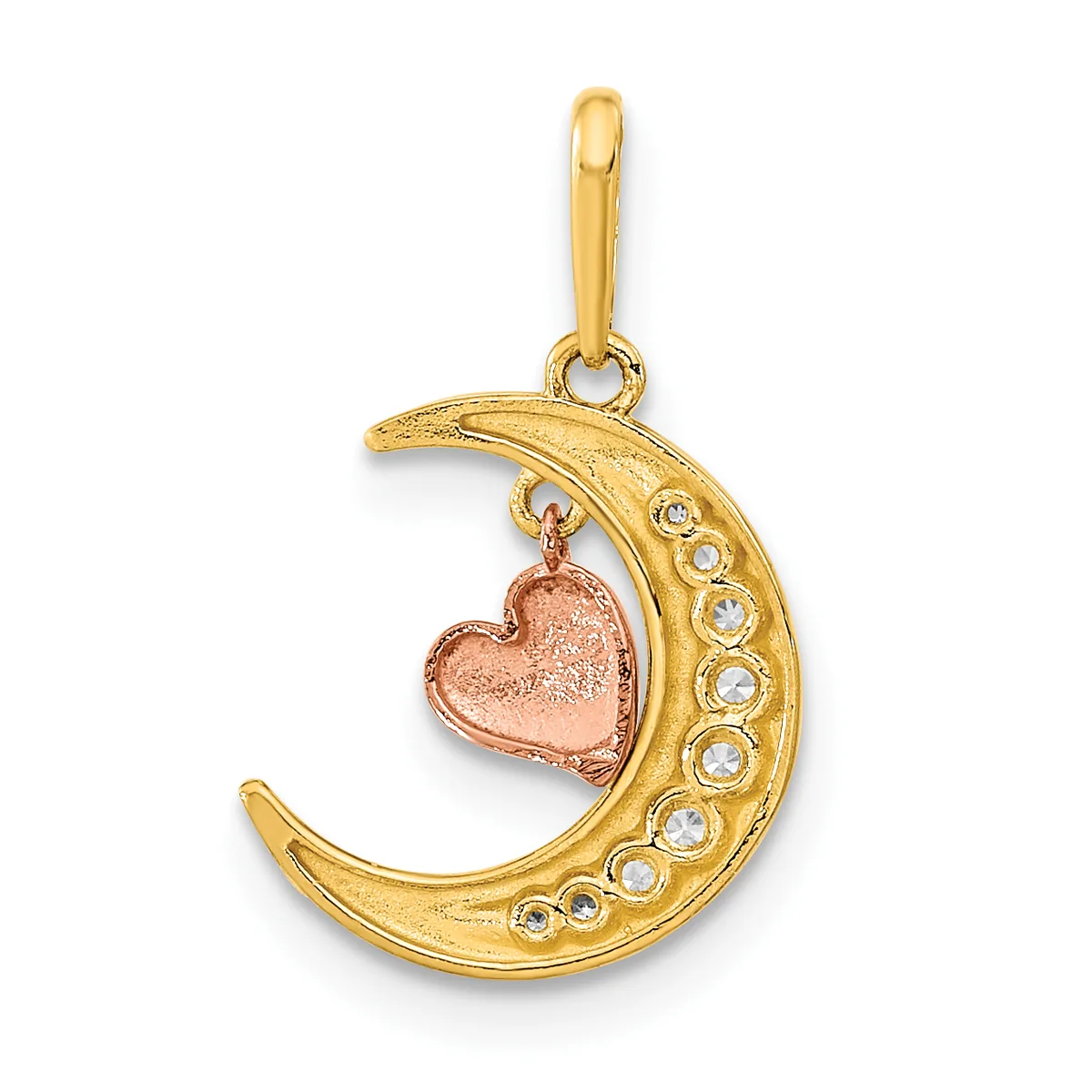 Gold crescent moon pendant with round clear crystal accents along the curved edge and a small rose gold heart charm suspended from the center.