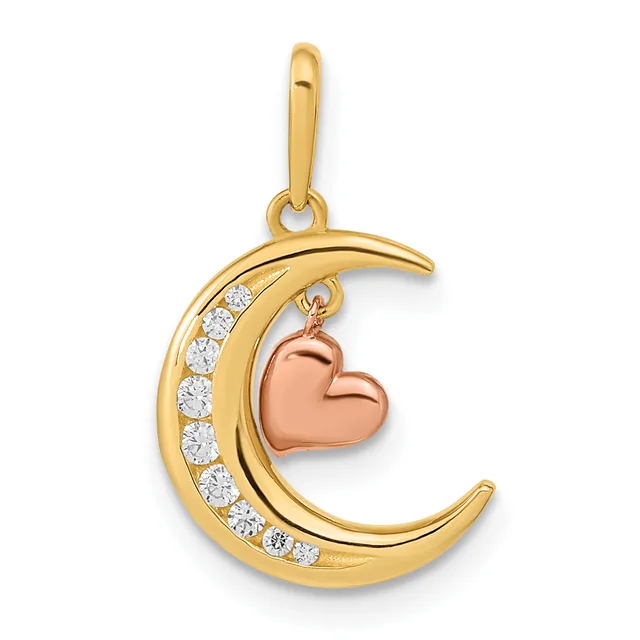 Gold crescent moon pendant with diamond accents and a rose gold heart charm hanging from the curved top.