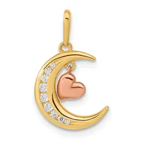 Gold crescent moon pendant with diamond accents and a rose gold heart charm hanging from the curved top.