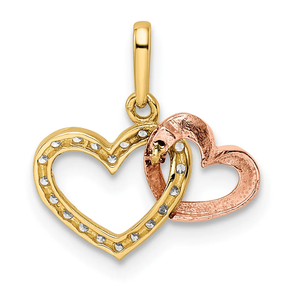 Two interlocking heart-shaped pendants in yellow and rose gold with small diamond accents, suspended from a yellow gold bail.