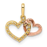 Two interlocking heart-shaped pendants in yellow and rose gold with small diamond accents, suspended from a yellow gold bail.