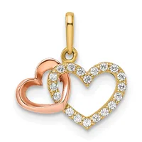 Two interlocking heart pendants in yellow and rose gold with round diamonds set around the larger heart, suspended from a yellow gold bail.