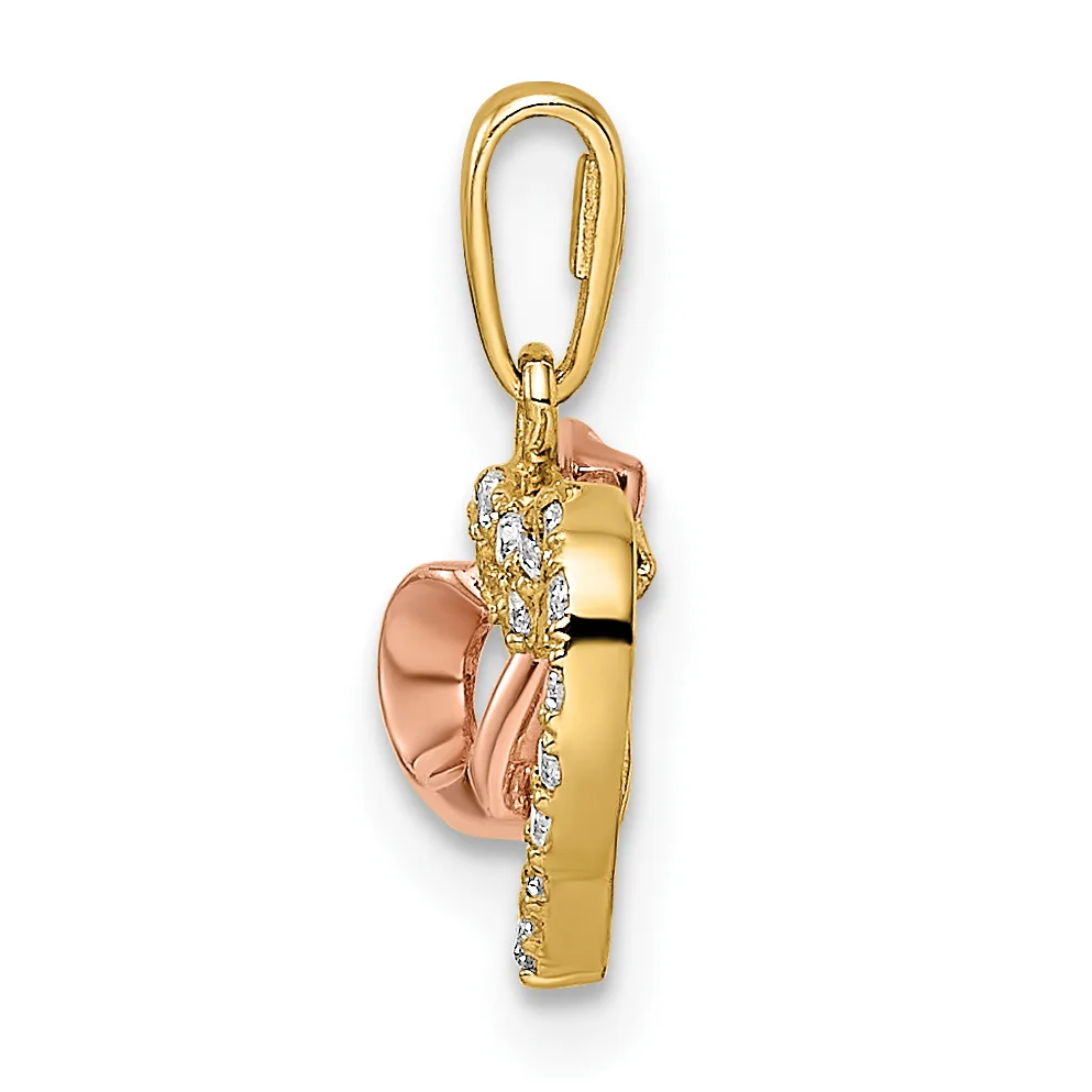 A two-tone gold pendant charm featuring a rose gold shell design adorned with diamond accents, suspended from a yellow gold bail and oval loop.