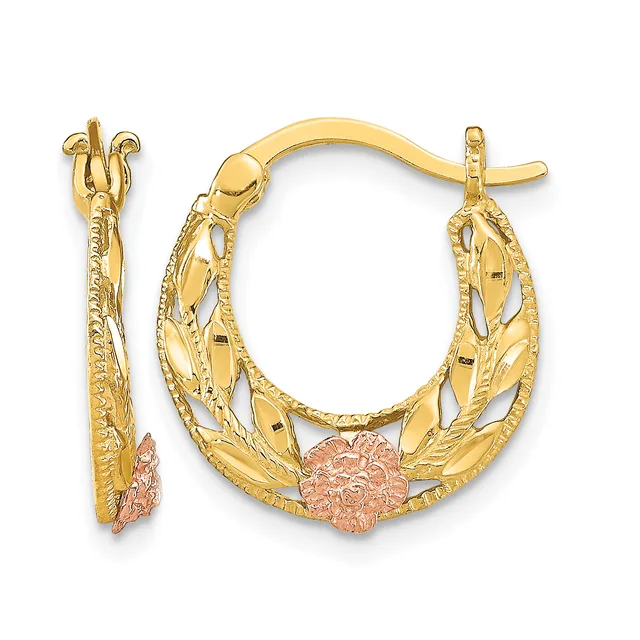 Pair of gold hoop earrings with textured leaf-like patterns and rose gold flower accents at the bottom, shown from front and side views.