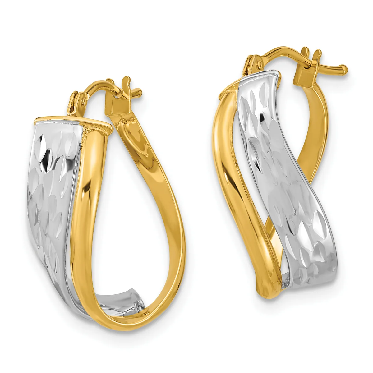 Pair of two-tone gold hoop earrings with white textured inner surface and polished yellow gold outer surface, shown from front and back views.