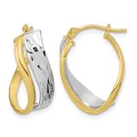 Pair of two-tone gold hoop earrings with textured white gold centers and polished yellow gold outer bands, shown from front and side angles.