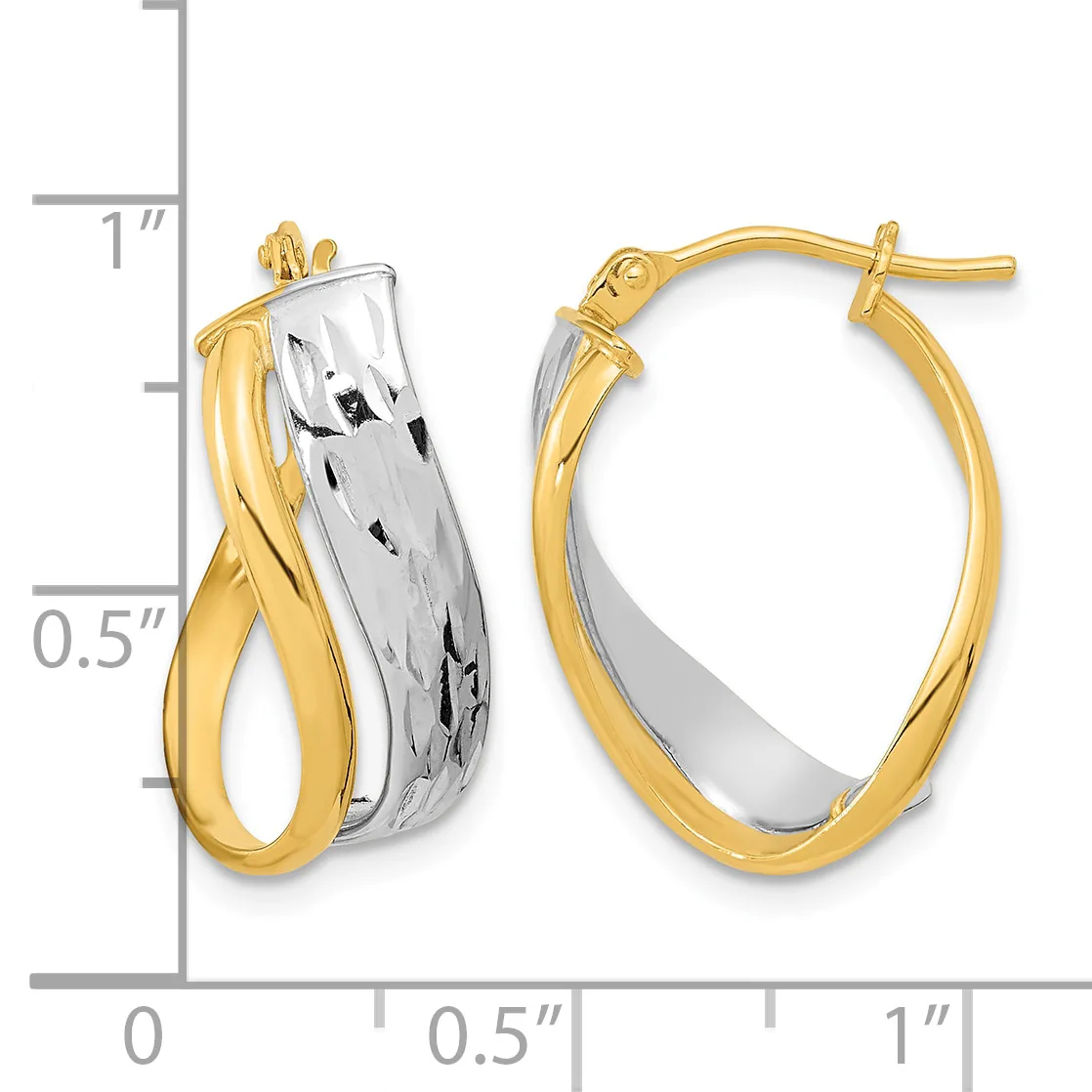 Two-tone gold hoop earrings with twisted yellow gold outer bands and textured white gold centers, shown from front and side views with measurement scale.