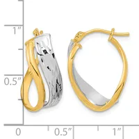 Two-tone gold hoop earrings with twisted yellow gold outer bands and textured white gold centers, shown from front and side views with measurement scale.