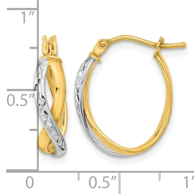 A pair of two-tone gold hoop earrings with a twisted diamond-cut texture, measuring approximately one inch in length, shown with a measurement scale.