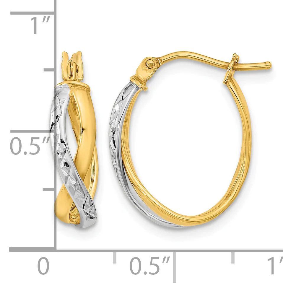 A pair of two-tone gold hoop earrings with a twisted diamond-cut texture, measuring approximately one inch in length, shown with a measurement scale.
