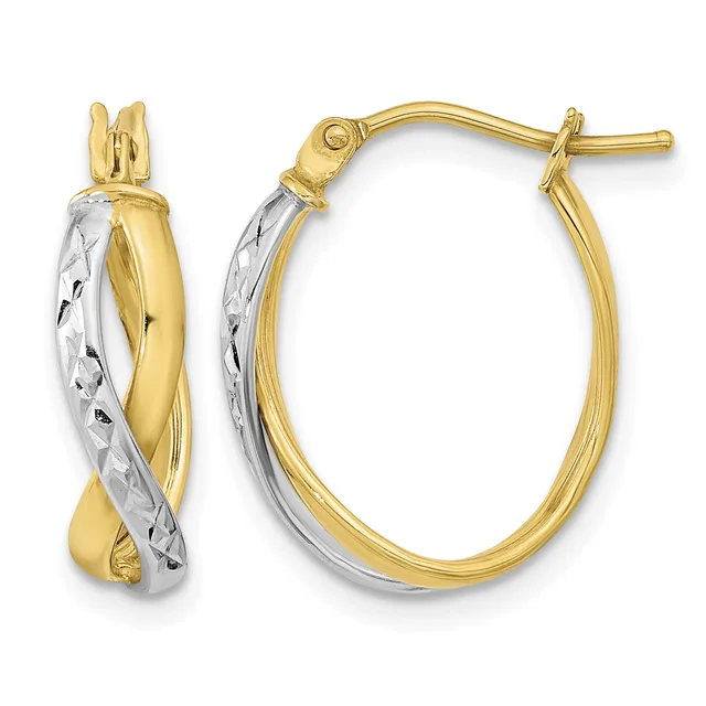 Pair of two-tone gold oval hoop earrings with twisted white gold stripe detail and yellow gold outer band, shown from front and side views with post and clutch closures.