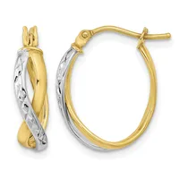 Pair of two-tone gold oval hoop earrings with twisted white gold stripe detail and yellow gold outer band, shown from front and side views with post and clutch closures.