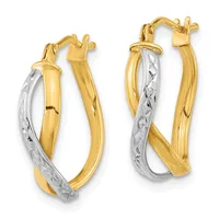 A pair of two-tone gold hoop earrings with textured white gold centers and polished yellow gold outer bands, displayed side by side.