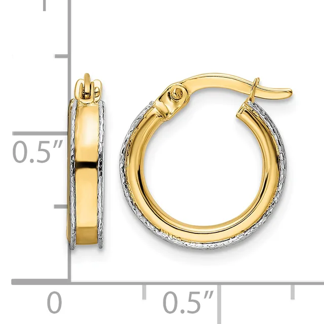 Two-tone gold hoop earrings with textured outer surface and polished inner band, approximately 0.5 inches in diameter, shown with measurement scale.