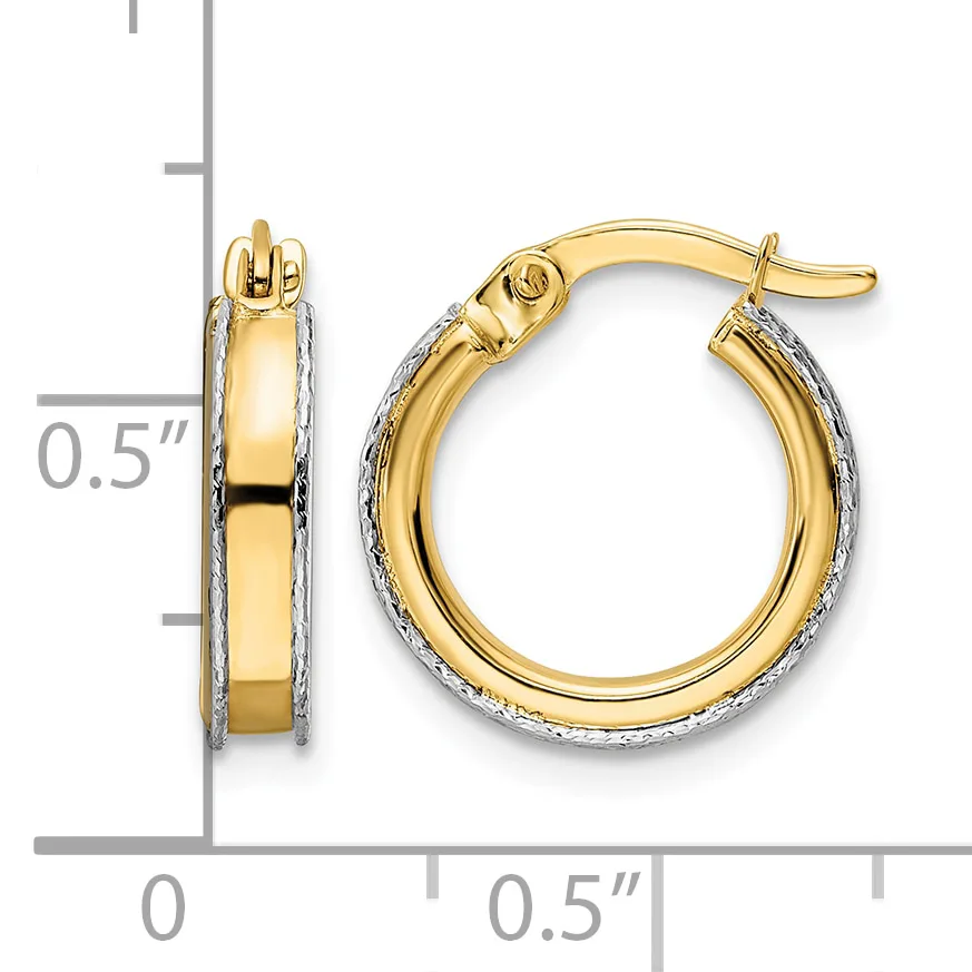 Two-tone gold hoop earrings with textured outer surface and polished inner band, approximately 0.5 inches in diameter, shown with measurement scale.