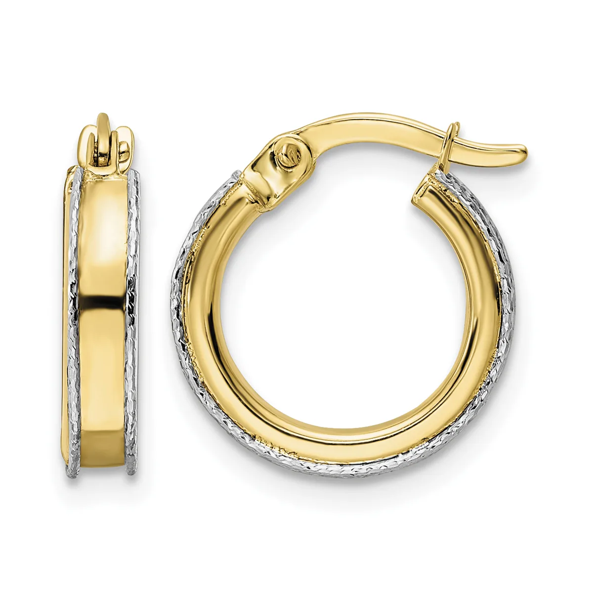 Pair of two-tone gold hoop earrings with textured white gold outer edges and polished yellow gold centers, shown from front and side views.