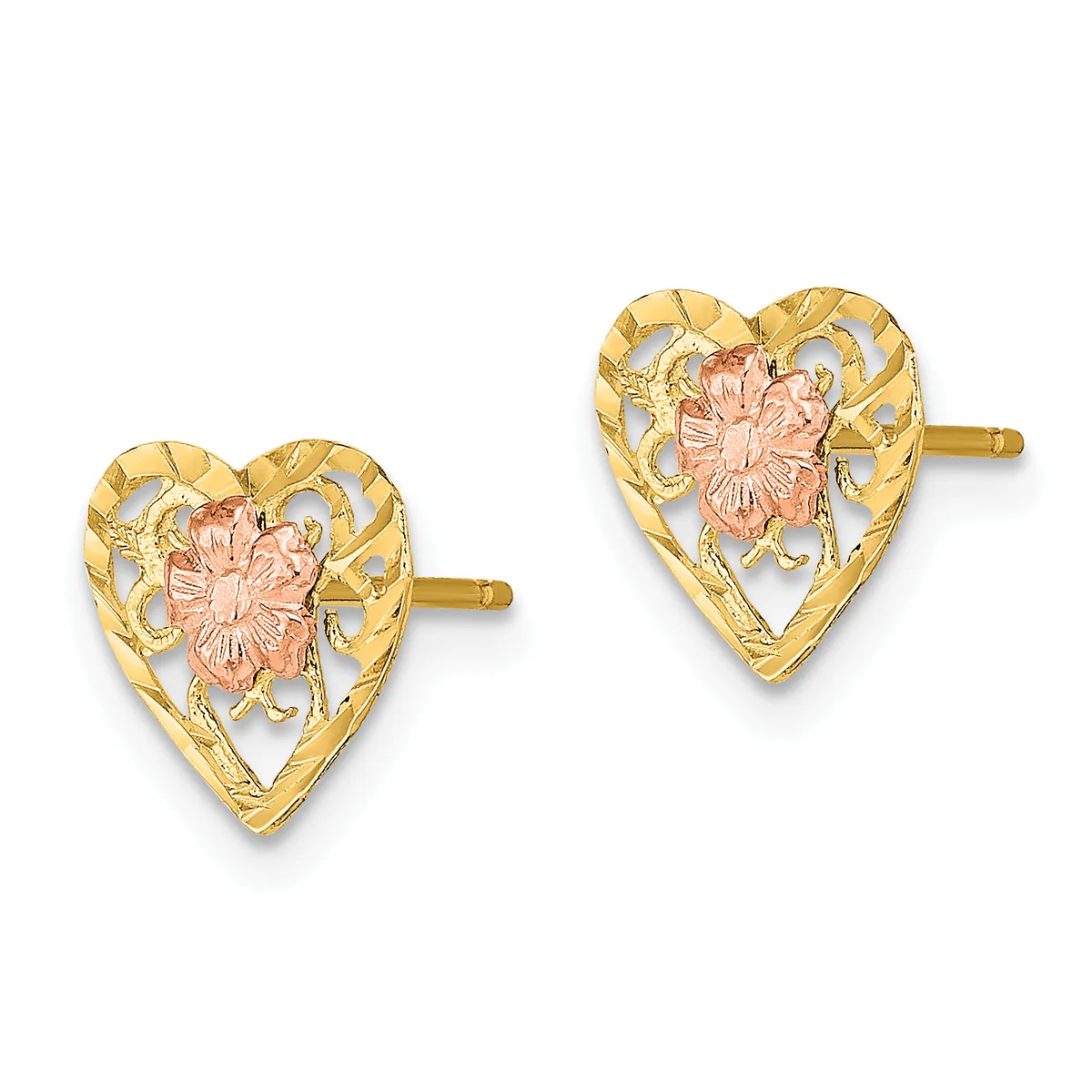 A pair of gold heart-shaped stud earrings with cutout designs and rose gold flowers in the center, shown on a white background.
