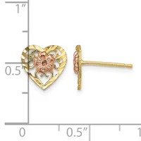 Pair of heart-shaped stud earrings with a rose gold flower in the center and yellow gold filigree border, shown against a measurement scale.