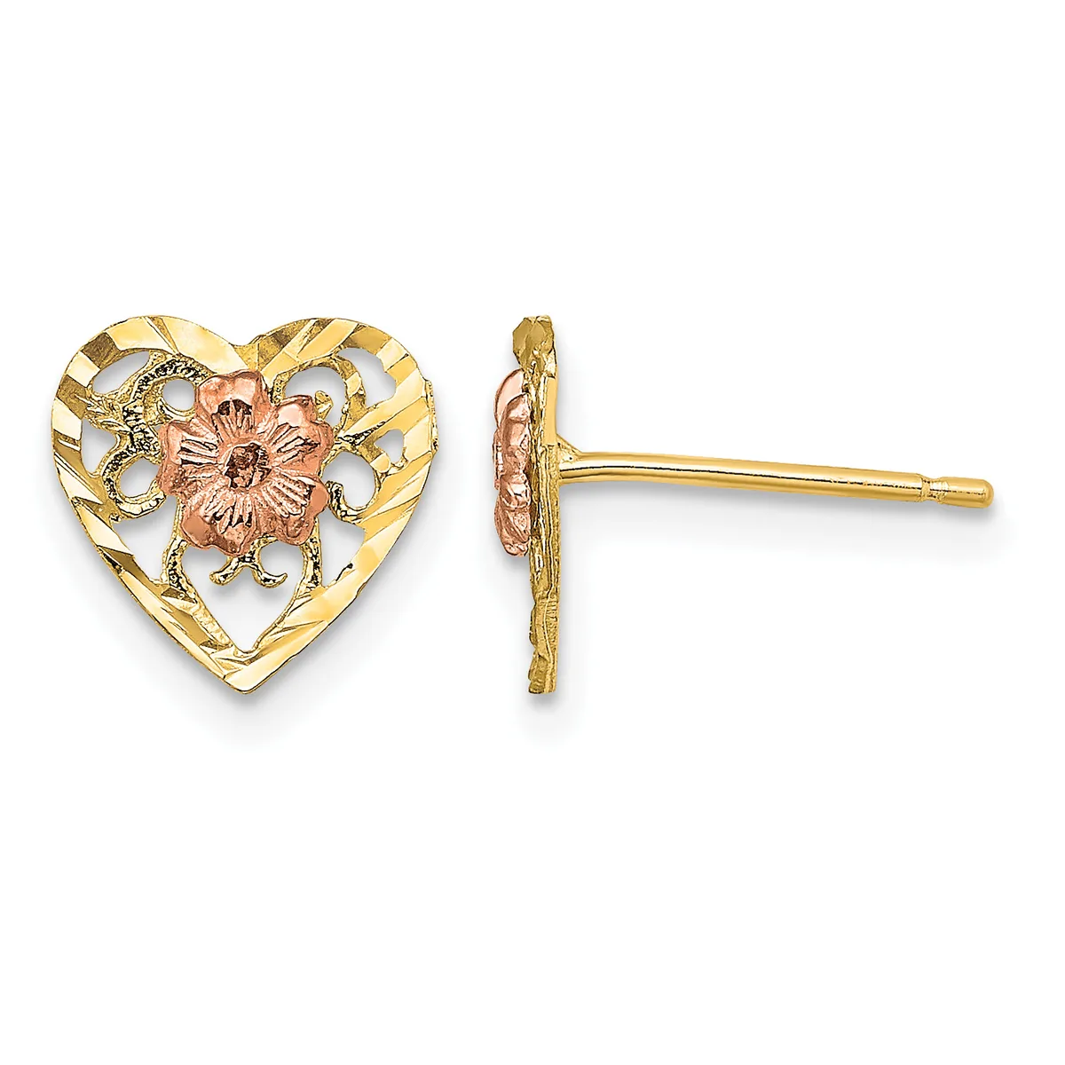 Pair of gold heart-shaped stud earrings with rose gold flower designs and textured borders, shown from front and side views.