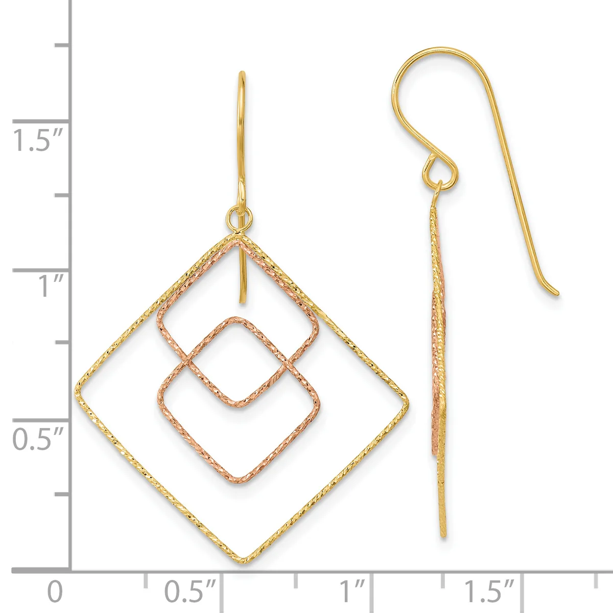Two-tone gold dangle earrings with nested diamond shapes, shown against a measurement scale indicating approximately 1.5 inches in length.